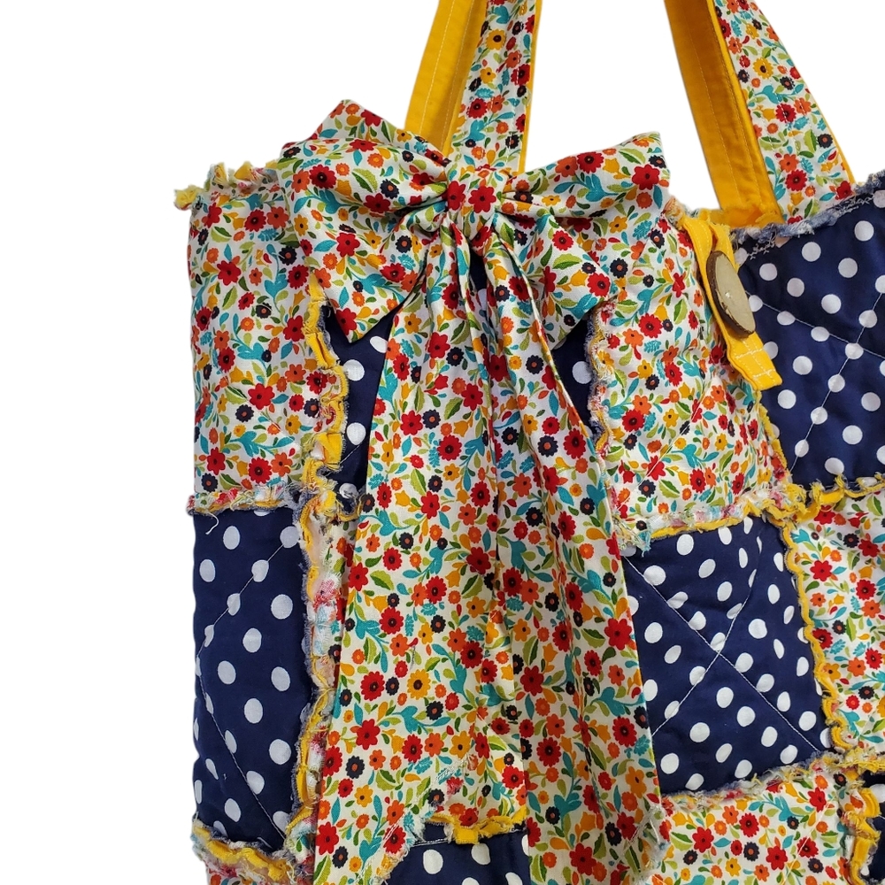 Homecrafted Rag Bag Floral and Polka Dot Tote With Bow - Picture 2 of 14